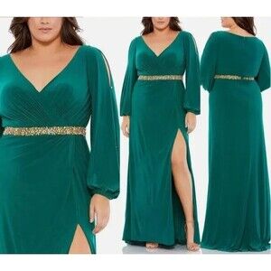 Mac Duggal PLUS 67747 Long Split Sleeve V Neck Dress GREEN SZ 22W NWT‎